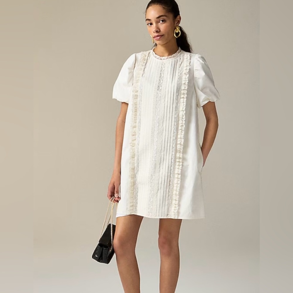 NWT J.Crew Ivory Lace-trim pintuck dress XS Preppy Academia Feminine Brunch